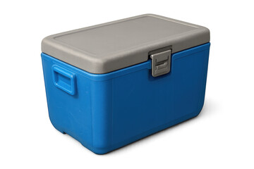 Closed blue plastic cooler box with gray lid on transparent background