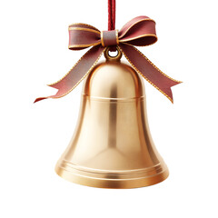 A golden bell ornament with a red ribbon hanging on a red string on black background on transparent background