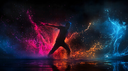 An artist using bold neon splashes to express pure joy and energy.