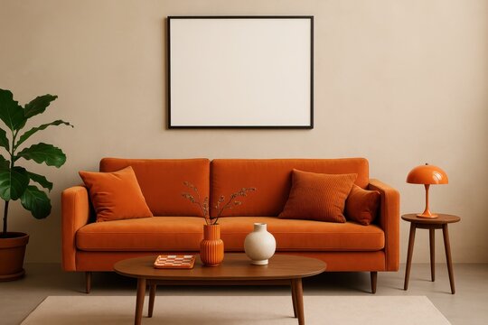 Modern minimalist wall art mockup featuring orange accent chair and contemporary home decor in bright interior