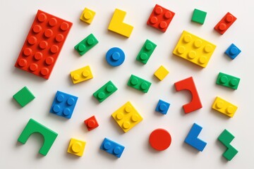 Creative colorful building blocks scattered artistically on white background demonstrating diversity concept