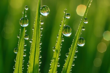 Morning dew droplets creating prismatic rainbow effects on grass blades with macro photography detail and natural lighting