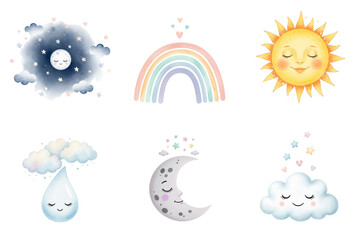 Watercolor set of cute weather icons in pastel colors for baby nursery decoration against a white background with copy space
