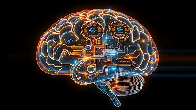A digital rendering of a human brain integrated with circuit boards and glowing lights, representing artificial intelligence and futuristic computing.