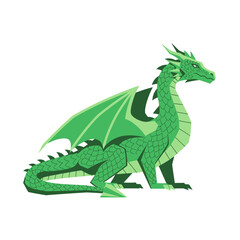 Fototapeta premium A vibrant green dragon, elegantly posed, displays detailed scales and wings against a stark white background.