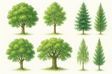 Obraz premium Delicate watercolor botanical illustrations featuring diverse tree species with lush green foliage