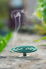Smoldering mosquito repellent coil in summer garden, insect protection