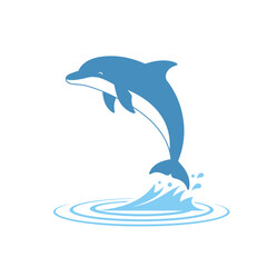 Naklejka premium Blue dolphin leaping out of water with splashing waves, vector illustration on a white background.