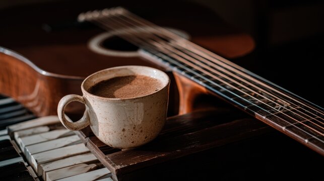 Warm coffee cup sits on piano keys next to acoustic guitar