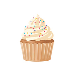 A delicious vanilla cupcake, topped with swirls of creamy frosting and colorful sprinkles.