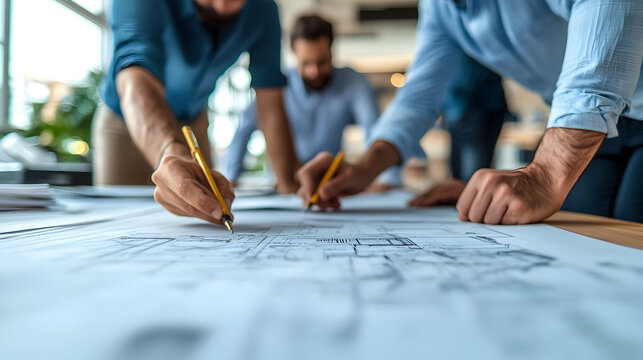 Group of architects collaborating on building plans in a modern office space