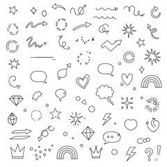 A collection of hand drawn doodle elements including arrows stars hearts and speech bubbles on white