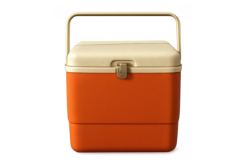 Orange portable cooler with golden handle on transparent background