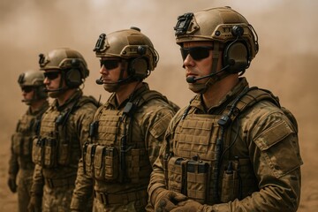 Elite military tactical team in full combat gear positioned for urban warfare training exercise