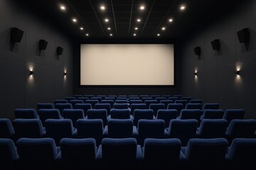 Empty movie theater auditorium with rows of blue seats facing large blank white projection screen
