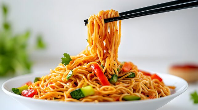 Appetizing Asian Noodles With Fresh Vegetables Being Lifted With Chopsticks