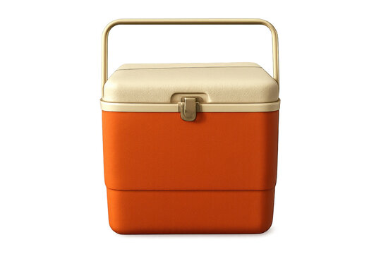 Orange portable cooler with golden handle on transparent background