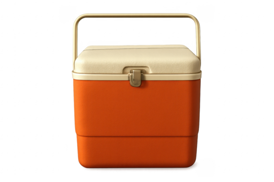 Orange portable cooler with golden handle on transparent background