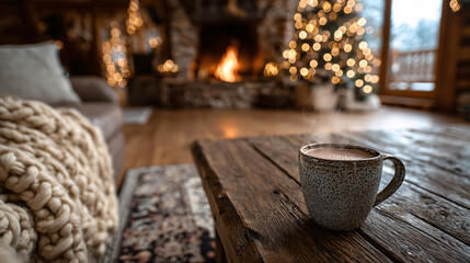 Cozy Christmas Eve Warm Cocoa by Fireplace in a Cabin Retreat, Festive Holiday Ambiance