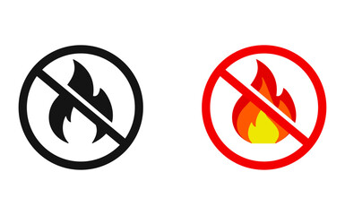 set of signs prohibiting lighting fire, cigarettes and matches. Round label on white background