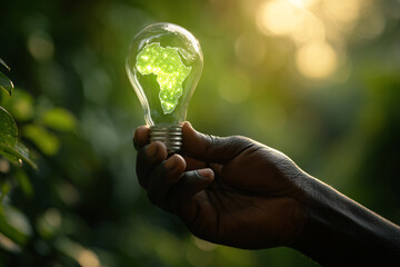 Sustainability Light A Hand Holding a Bulb with a Green Africa Continent Silhouette