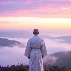 A man in a flowing white robe stands atop a lush green hill, gazing thoughtfully at the expansive landscape below, with a clear blue sky above.