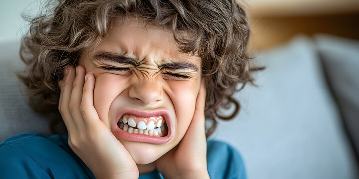 Upset child with dental pain and toothache, frowning at the dentist due to medical issues like gingivitis, plaque, and periodontitis, seeking care