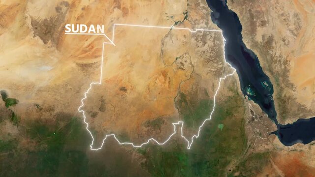 Zoom from Earth to Sudan. Glow outline map animation satellite view with highlighted country borders. Cinematic documentary 3d world map animation highlights aerial views, tourism, and travel. 4k