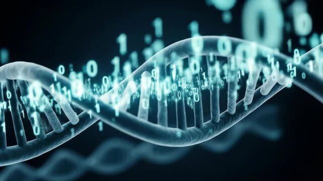 Glowing Cyan DNA Strand with Binary Code Animation - Powered by Adobe