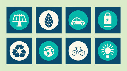 Collection of eco friendly icons representing sustainability and green energy