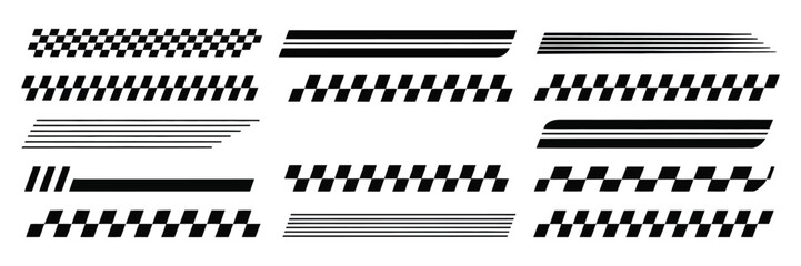 Racing car vector set, race car stripes, angled checkered patterns, checkered flag, finish line, motocross labels, dynamic lines, motorsport themes, racing stripe speed, sport decals, and vehicle tuni