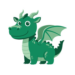 A cheerful, green baby dragon stands smiling, wings slightly outstretched.