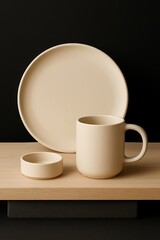 Fototapeta premium Minimalist ceramic dinnerware set featuring a plate mug and small bowl on a wooden surface