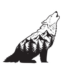 Majestic Wolf Howling with Forest and Mountain Landscape Illustration for Wilderness and Wildlife Themes