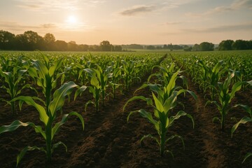 Naklejka na ściany i meble Sustainable agriculture scene with green corn crops growing in fertile soil under natural sunlight