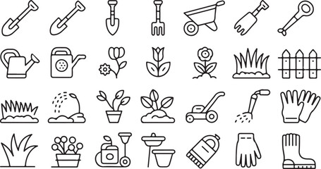 Obraz premium Collection of gardening tools and plants shovel spade