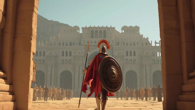 Roman soldier in full armor stands under a grand stone archway, holding a spear and shield while gazing toward a majestic ancient palace.