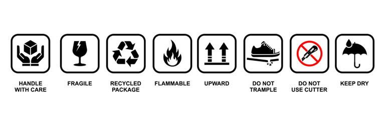 fragile shipping or packaging icon set. cargo or product warning signs - handle with care, fragile, recycle package, flammable, upward, do not trample, deep dry, no cutter etc icons. Vector icons set