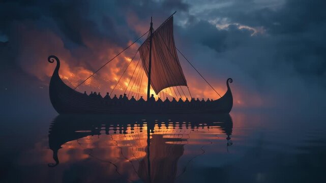 Silhouetted Viking longship sails through misty waters at twilight, with distant flames lighting up the sky and reflecting on the calm surface.