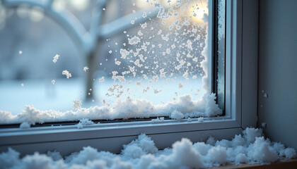 Snow accumulating on window sill during winter morning light  