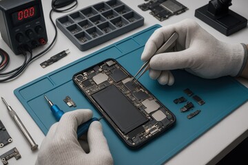 Professional technician using precision tools to repair damaged smartphone screen in modern electronics workshop