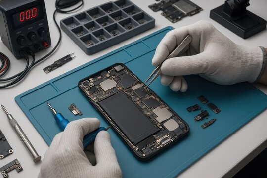 Professional technician using precision tools to repair damaged smartphone screen in modern electronics workshop