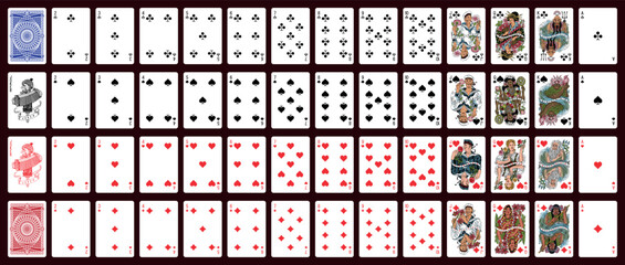 Poker set with isolated cards. Poker playing cards, full deck.