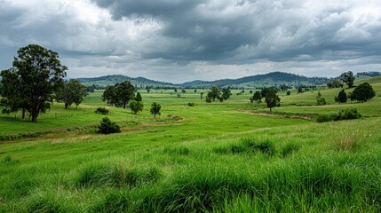 Obraz premium Green Field with Trees Under Cloudy Sky