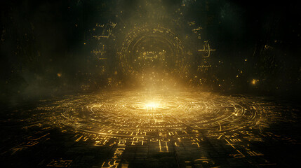An endless labyrinth covered in glowing inscriptions, pulsing with a mysterious energy.