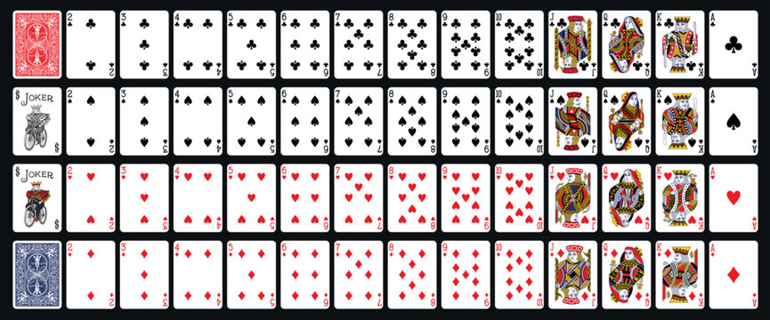 Poker set with isolated cards. Poker playing cards, full deck.