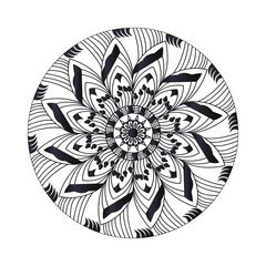 Intricate black and white mandala design with radial symmetry