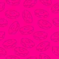 Hand drawn donut background. Seamless pattern melted doodle donut wallpaper. Packaging, banner, poster, menu, bakery. Vector illustration