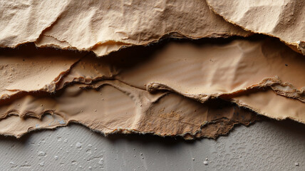 Extreme Focus on Worn and Torn Cardboard Texture with Rough Edges, Creases, Wrinkles, and Dusty Surface in an Industrial Grunge Style, Clean Empty Scene with Neutral Lighting