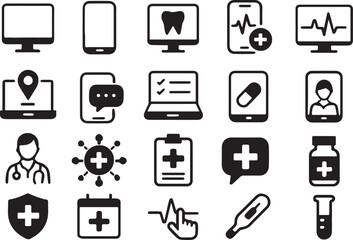 A vector icon set for web design, featuring symbols for business, office, computer, phone, mail, document, book, calendar, website, and search